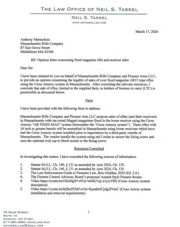 Attorney opinion letter concerning fixed magazine rifle and receiver sales